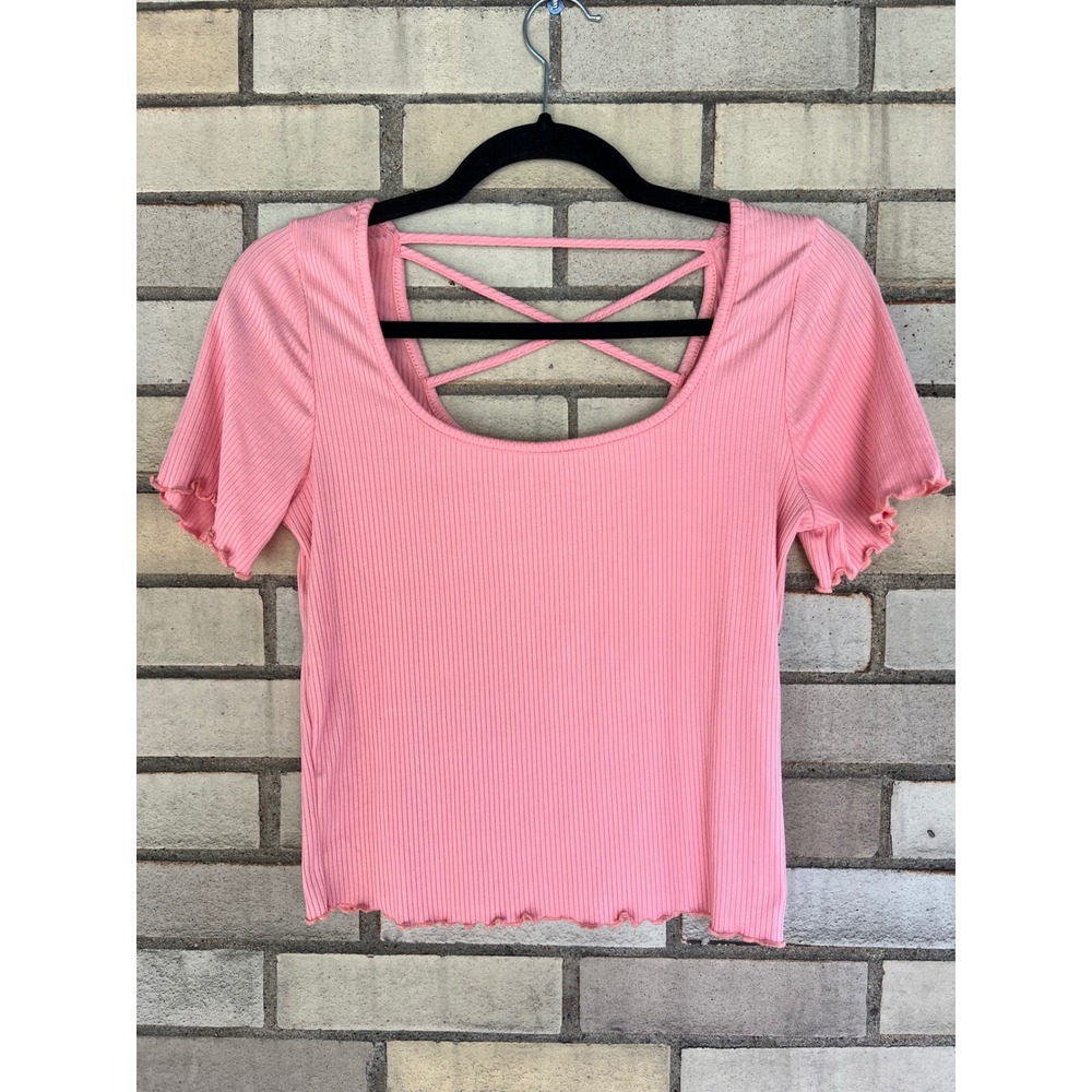 Caution To The Wind Pink Ribbed Crisscross Strap Crop Top Jrs Size Medium Small